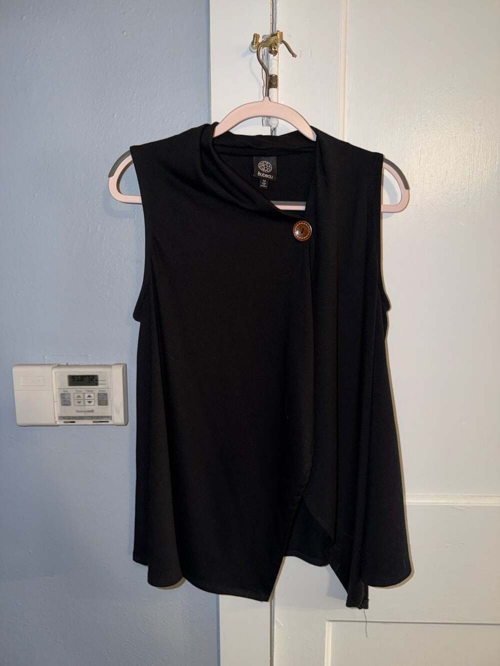Bobeau Sleeveless Asymmetric Drape Front Vest Cover with Button Detail
